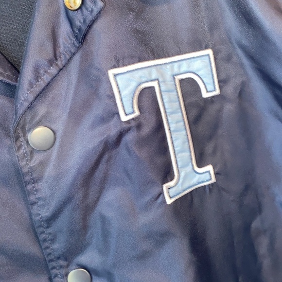 Starter jacket navy blue snap closure lined T patch on left side chest - Picture 2 of 7